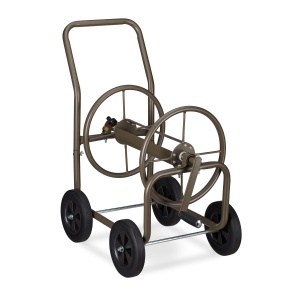 Carucior pentru furtun Relaxdays, capacitate 60m, 4 roti, metalic, culoare maro