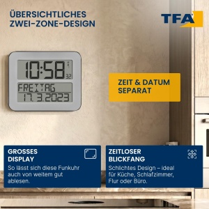 Ceas de perete digital TFA Dostmann Timeline Max, cu alarma, argintiu - Img 3