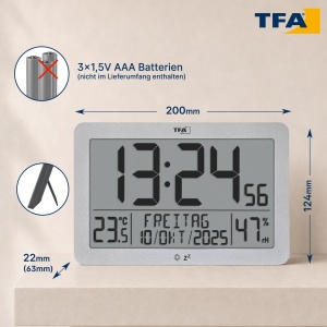 Ceas digital de perete TFA Dostmann 60.2568.54, cu temperatura si umiditate, argintiu - Img 7