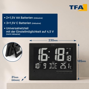 Ceas digital de perete TFA Dostmann 60.4508, cu iluminare automata, negru - Img 7