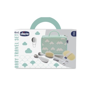 Chicco - Set de igiena de calatorie pentru copii, 6 piese, perie si pieptene, manusa de burete, foarfece cu varfuri rotunjite, taietor de unghii si pile de unghii USA. - Img 7