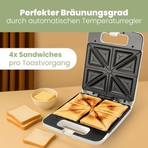 Clatronic(r) Sandwich Maker | Prajitor de paine electric pentru sandvisuri | Aparat de sandvisuri cu 4 felii | panouri sandwich triunghiulare (antiaderente) | Controler automat de temperatura | 1200 wati | ST 3629 alb - Img 5