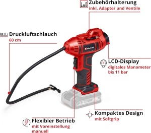 Compresor auto fara fir Einhell CE-CC 18 Li-Solo Power X-Change (Li-Ion, 18 V, max. 11 bar, furtun de aer comprimat de 60 cm, automat. Functie de oprire, furnizata fara baterie si fara incarcator) - Img 3