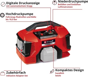 Compresor cu acumulator Einhell PRESSITO 18/21 Power X-Change (18 V, max. 10,5 bari, putere de aspirare 21 l/min, turatia motorului 18000 min^-1, fara ulei, fara baterie) - Img 3
