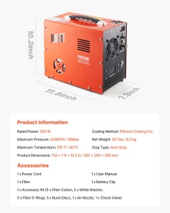 Compresor de aer VEVOR PCP, 4500 PSI, 300W, cu ventilator si auto-oprire - Img 7