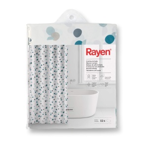 Cortina de dus Rayen, impermeabila, polyester, 180 x 200 cm, alba cu puncte albastre