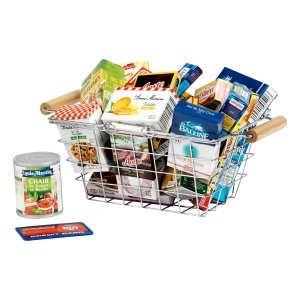 Cos de cumparaturi metalic Theo Klein 7202 cu produse alimentare pentru copii