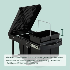 Cos de gunoi incorporabil Relaxdays, 2 compartimente, 2x20L, negru - Img 2
