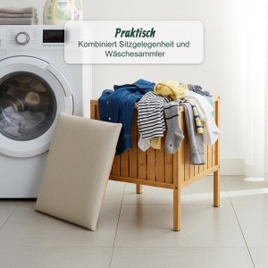 Cos de rufe Relaxdays, 52 l, bambus, scaun cu capac moale, naturalcrem - Img 2