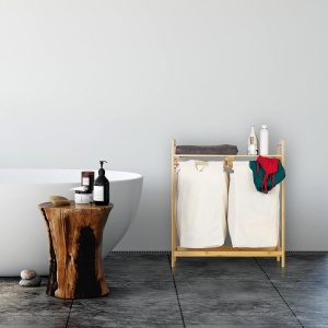 Cos de rufe Relaxdays din bambus, 60 litri, 2 compartimente, alb - Img 2