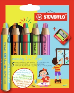 Creion colorat STABILO woody 3 in 1 duo, 10 culori, apa si ceara