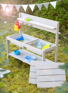 Cucina de gradina pentru copii Roba Fun Outdoor din lemn, gri, cu 2 bazine - Img 3