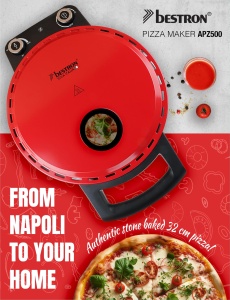Cuptor pentru pizza Bestron pentru pizza crocanta in 5-10 minute, cuptor electric pentru pizza cu temperatura maxima de pana la 320degC, incl. piatra de argila si 2 spatule mari din lemn, Viva Italia, culoare: rosu - Img 2