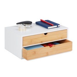 Cutie de depozitare Relaxdays, Bambus si MDF, 2 sertare, 14x33x21 cm, albnatural