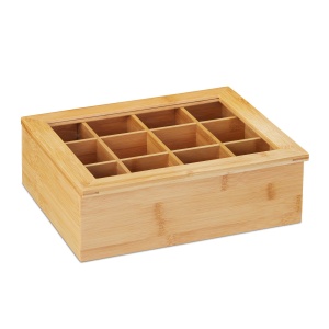 Cutie pentru ceai Relaxdays, bambus, 12 compartimente, cu fereastra, 9x28x23 cm - Img 8