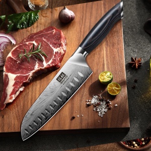 Cutit de bucatarie din otel pulbere SHAN ZU, cutit de bucatar japonez Cutit Santoku, cutit de bucatar profesional de 18 cm cu continut ridicat de carbon, cutit de bucatarie ascutit cu maner ergonomic din lemn Pakka - Img 7