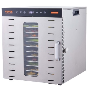 Dehydrator VEVOR SS-10X 1000 W cu 10 Tavi din Otel Inoxidabil, Timer 48 Ore