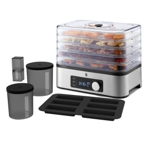 Deshidratator de bucatarie WMF Miniis din otel inoxidabil, deshidratator cu 5 compartimente, 30-70degC, temporizator de 24 de ore, uscator de fructe, deshidratator, 2 cutii, matrita de bar muesli, fara BPA