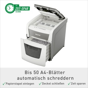 Distrugator de documente Leitz IQ Autofeed 80350000 50 coli P4 20L alb operare silentioasa - Img 2