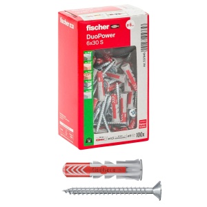 Duble cu surub Fischer DuoPower 6 x 30 mm, 100 bucati, pentru zidarie si gips-carton