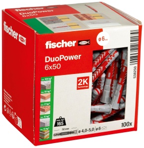 Dublu de fixare fischer DuoPower 6 x 50, 100 bucati, pentru beton si gips-carton