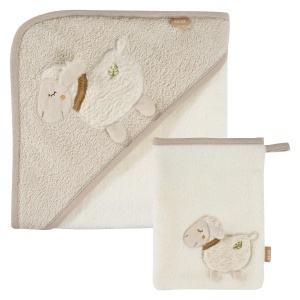 Fehn Bade Set Schaf Natur 046151 Prosop cu Gluga si Manusa din Bumbac Organic pentru Bebelusi