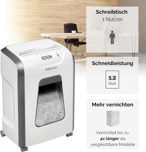 Fellowes Shredder, Distrugator de hartie pentru 12 coli de taiere a particulelor, TUV SUD + GS Certified Shredder P4, Shredder Office & Home Office, Powershred FS-12C, 19L Trash Credit Card Alb - Img 2
