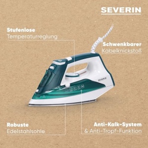 Fier de calcat cu abur SEVERIN cu talpa robusta din otel inoxidabil, 2400W, 85g, jet minim de abur, 30g, debit minim de abur variabil, rezervor de apa detasabil, functie anti-picurare, 175 ml, alb-verde, BA 3261 - Img 4