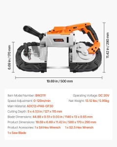 Fierastrau cu banda VEVOR BW2111 20V Portabil LED Functie viteza variabila - Img 7