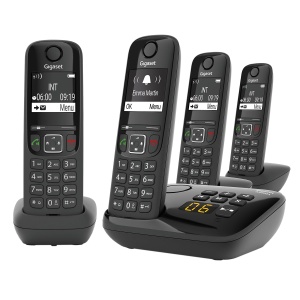 Gigaset AS690A Quattro - 4 telefoane DECT fara fir cu robot telefonic - afisaj de contrast usor de citit - sunet audio stralucitor - operare usoara - protectie impotriva apelurilor, negru [versiunea germana]