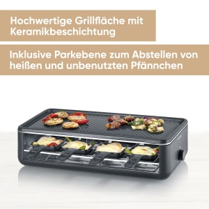 Gratar raclette SEVERIN pentru 8 persoane, raclette cu placa mare antiaderenta, tigai foarte adanci, se poate spala in masina de spalat vase, gratar de masa, Black Line Lite, RG 2365 - Img 8