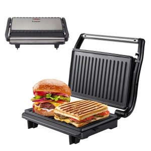 Grill electric Beper P101TOS003, compact, antiaderent, cu maner izolat termic