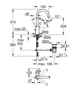 GROHE BauFlow robinet cu lavoar inalt cu economie de apa robinet de baie robinet de baie cu scurgere cu tija de tragere inaltime 31cm instalare usoara - Img 2