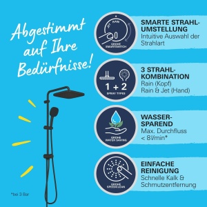 GROHE Vitalio 250, sistem de dus cu deviator, economie de apa-8l pe minut (pentru robinete existente, dus cu efect de ploaie 2 tipuri de pulverizare, sina de dus 74cm), patrat, negru mat, 266962431 - Img 4