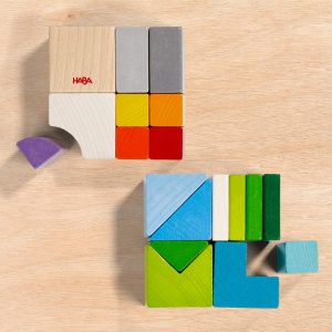 HABA 305463-3D-Tile-Game Mix de zaruri jucarii din lemn pentru asezare si stivuire 19 blocuri de constructie din lemn 10 carduri sablon de construit j - Img 3