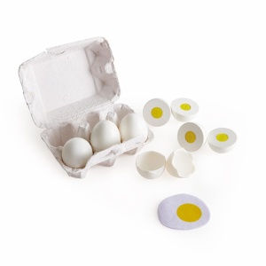 Hape Egg Carton 3 oua fierte tari cu coaja usor detasabila si 3 oua prajite, jucarie educationala realista pentru copii de la varsta de trei ani din lemn