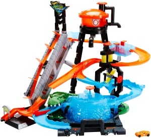 Hot Wheels FTB67 - City Ultimate Car Wash cu Crocodil Set de joc Statie de spalat auto cu efect de schimbare a culorii incl 1 masina de jucarie si ali