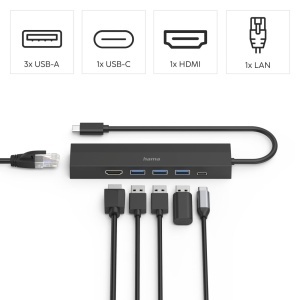 Hub USB Hama 6 Porturi, 3x USB-A, USB-C, HDMI, LAN, Negru - Img 2
