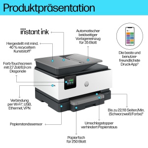 Imprimanta multifunctionala HP OfficeJet Pro 9120e, 3 luni de imprimare gratuita cu cerneala instantanee HP inclusa, HP+, imprimanta, scaner, copiator, fax, Wi-Fi, LAN, duplex, Airprint, gri-alb - Img 3