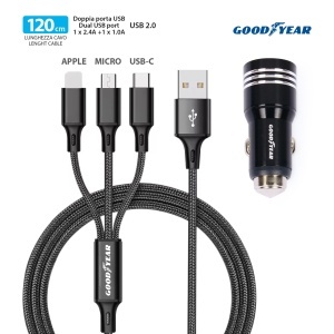 Incarcator auto Goodyear 3 in 1 cu cablu dual USB de 120 cm - Img 2