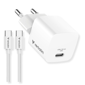 Incarcator Mini Verbatim GaN 20W USB-C PD 3.0 cu cablu USB-C inclus
