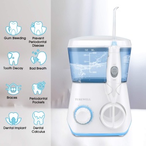 Irigator oral TUREWELL, Curatator interdental electric cu 10 niveluri de presiune si 8 duze, Irigator oral impermeabil IPX7, ata dentara de apa de 600 ML pentru casa (alb) - Img 4
