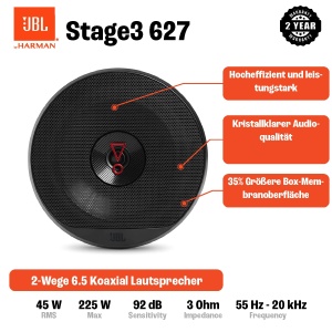 JBL Stage3 627 Set de difuzoare auto cu 2 cai de la Harman Kardon - cutii de difuzoare auto de 225 wati 16 - 17 cm, negru - Img 2