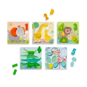 Joc de asociere HABA 306708 - Animale salbatice, 5 tablouri, din lemn colorat