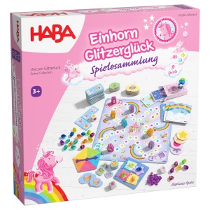 Joc de societate HABA Einhorn Glitzergluck, 9 jocuri pentru 2-4 copii, reguli simple