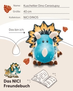 Jucarie de plus NICI Dino Cerastupsy 40cm material reciclat design colorat - Img 5
