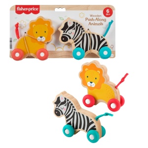 Jucarie tobogan din lemn Fisher-Price pentru bebelusi, set de 2 animale glisante cu roti din silicon pentru copii mici de 6 luni si peste, JFN19
