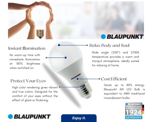 Lampa LED Blaupunkt E27 A60, 6W, 570 Lumen, 2700K, 4 bucati - Img 2