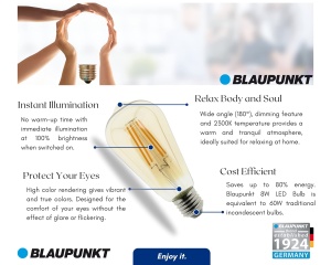 Lampa LED E27 Blaupunkt ST64 8W, 806 Lumen, Culoare Aurie - Img 3