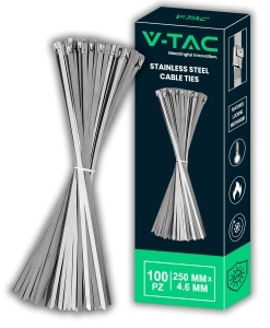 Legaturi din inox V-TAC, 25 cm, 100 bucati, latime 4,6 mm